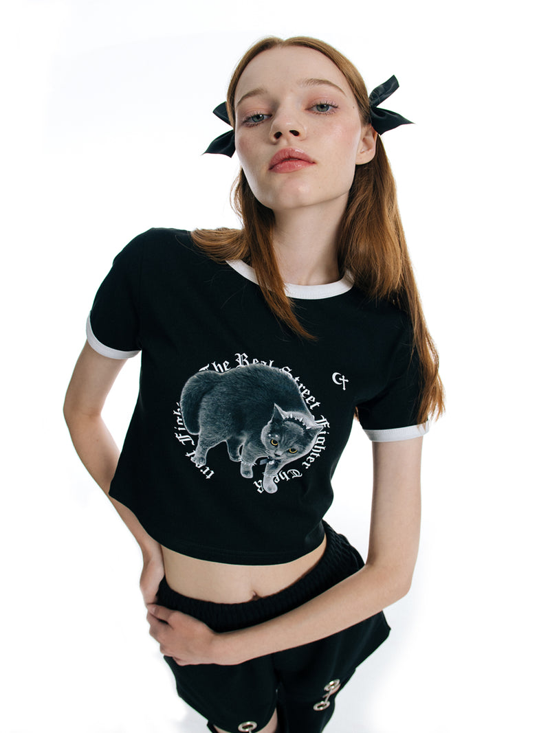 ファイターキャットクロップTシャツ / 0 2 fighter cat crop t-shirt - BLACK