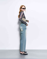 (Recycled) Distressed Denim Layered Wide Pants _ Blue