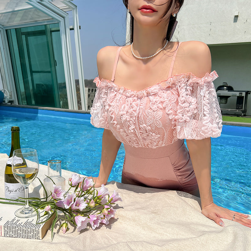 Lace Couple Shoulder Monokini Honeymoon Swimsuit Short Sleeve SW18720F