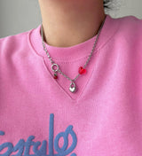キッチーチェリービーズハートロックハンドメイドネックレス / chi Kitchee Cherry Beads Heart Lock Handmade Necklace