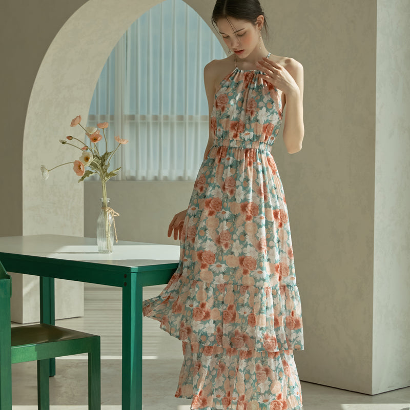 ガーデンフローラルホルターネックシフォンロングドレス / Garden Floral Halter Neck Chiffon Long Dress - green