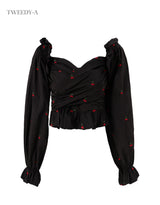 Cherry embroidered off-shoulder blouse Black