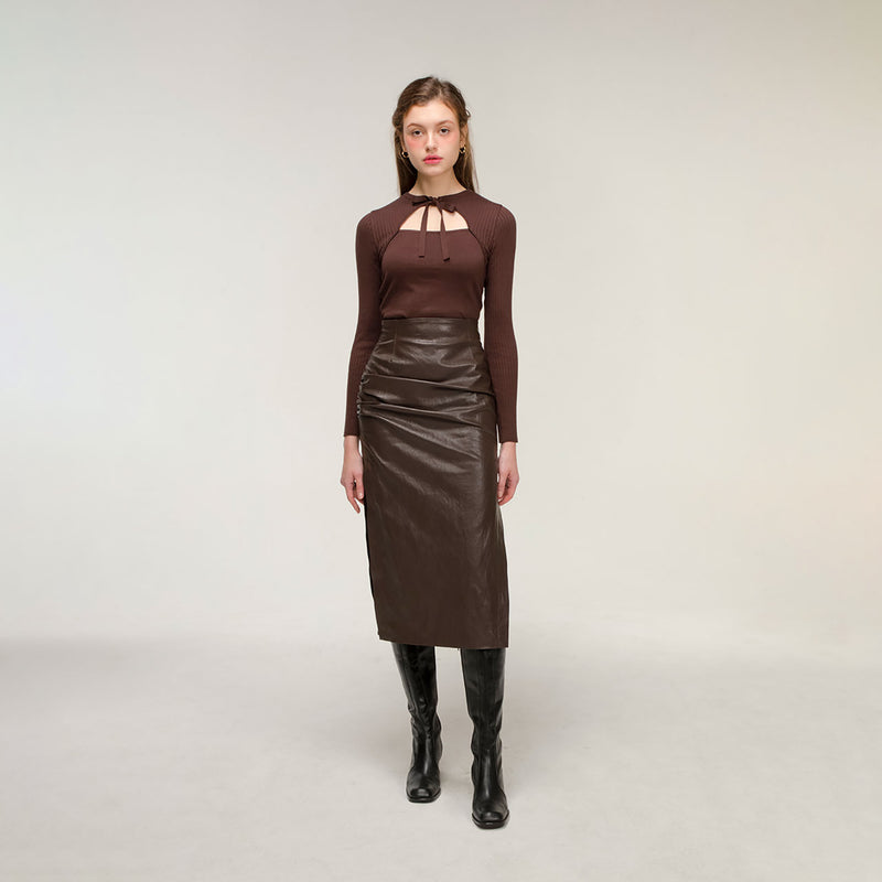 Drape leather skirt (brown) (4616753938550)