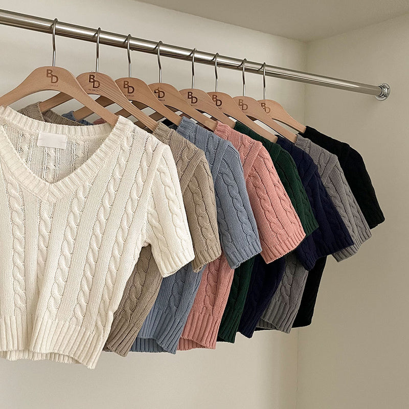 ショートスリーブVネックニットウェア / [8color/crop] Short-sleeved V-neck knitwear
