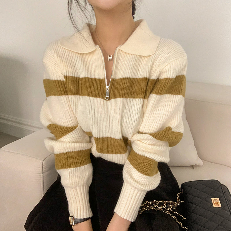 [3color] Stripe anorak collar knit