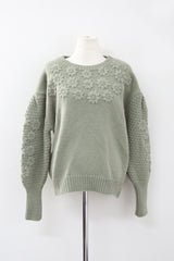 HELEN FLOWER EMBROIDERY PUFF KNIT(IVORY, KHAKI, VIOLET 3COLORS!) (6655976112246)