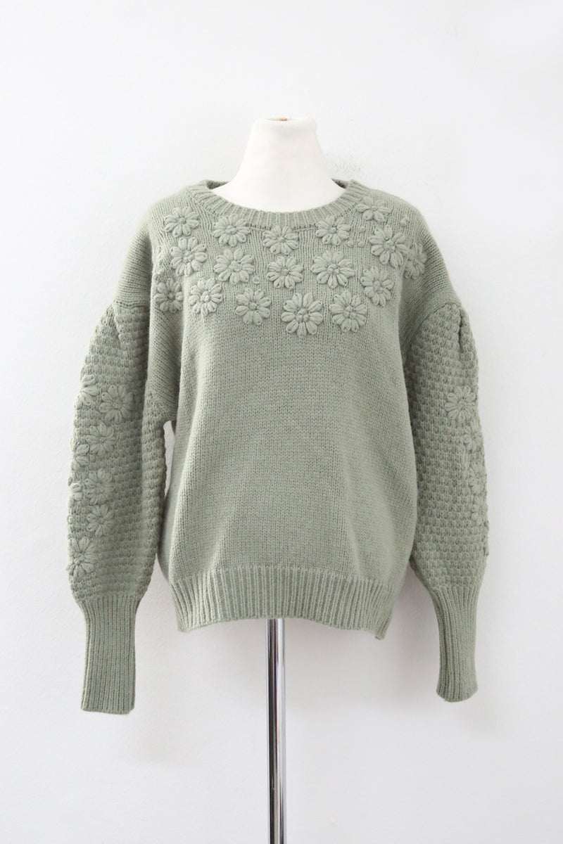 HELEN FLOWER EMBROIDERY PUFF KNIT(IVORY, KHAKI, VIOLET 3COLORS!) (6655976112246)