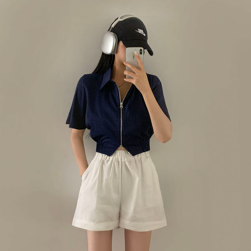 [4color] Two-way collar cropped short-sleeved zip-up