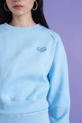 ラインストーン刺繍クロップ丈トレーナー青 - Embroidery Rhinestone Cropped Sweatshirt BLUE (4397432373366)
