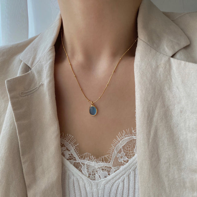 ディープアクアジェムストーンサージカルアンティークオーバルロングネックレス / rr Deep Aqua gemstone surgical antique oval long necklace