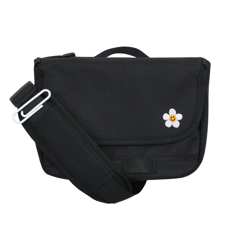[UNISEX] Small White Flower Smile Embroidery Cross Mini Messenger Bag_Black (6686422859894)