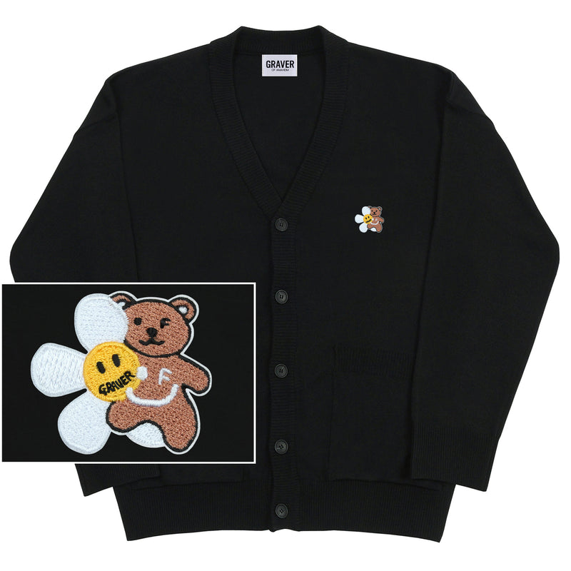 フラワーベアスマイル刺繍ニットカーディガン / Flower Bear Smile Embroidered Knit Cardigan