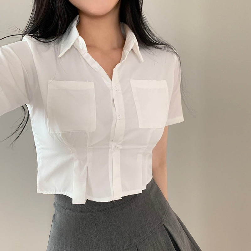 ピンタッククロップド半袖Tシャツ / [Slim Fit] Pintuck Cropped Short-Sleeved T-Shirt