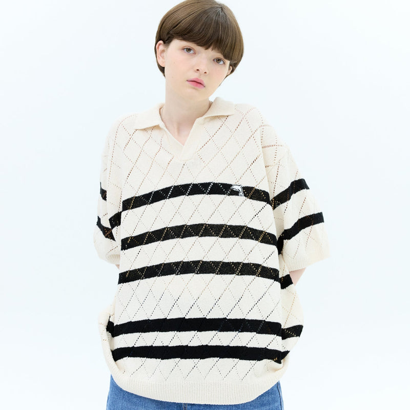 ストライプスカシハーフスリーブニット / Stripe skashi half sleeve knit