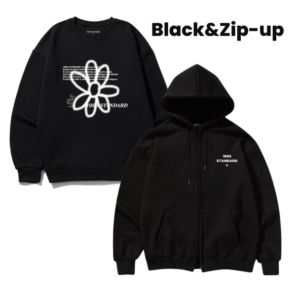 【SET】 BW フラワースウェットシャツ + フーデッドジップアップ (BLACK)