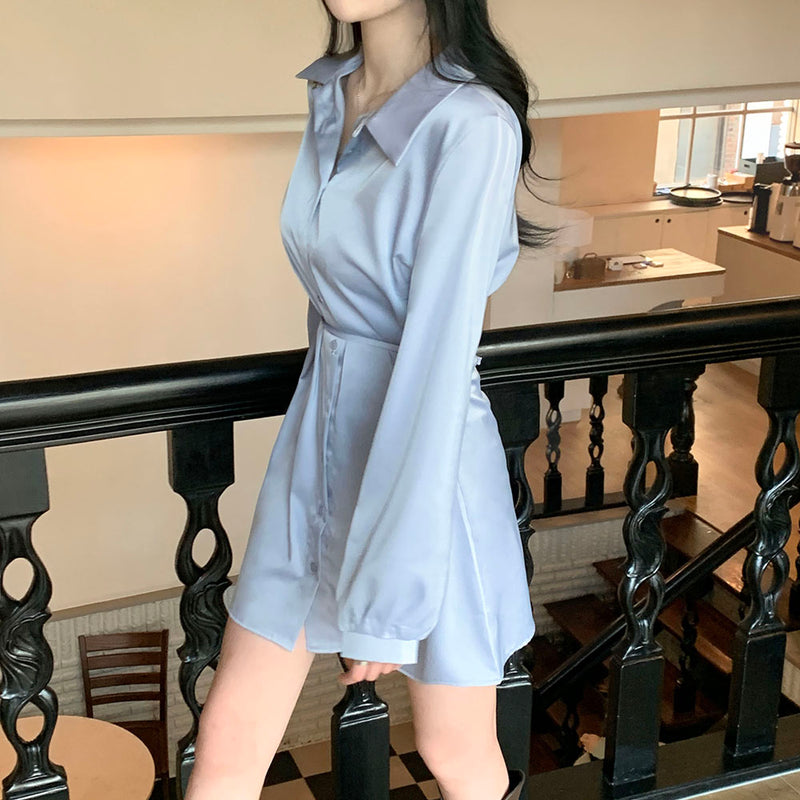エラサテンシャツミニドレス / [3color/waist strap] Ella satin shirt mini dress