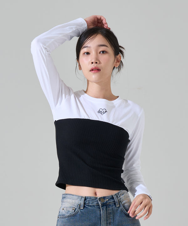 Layered bustier long sleeve T-shirt white/black