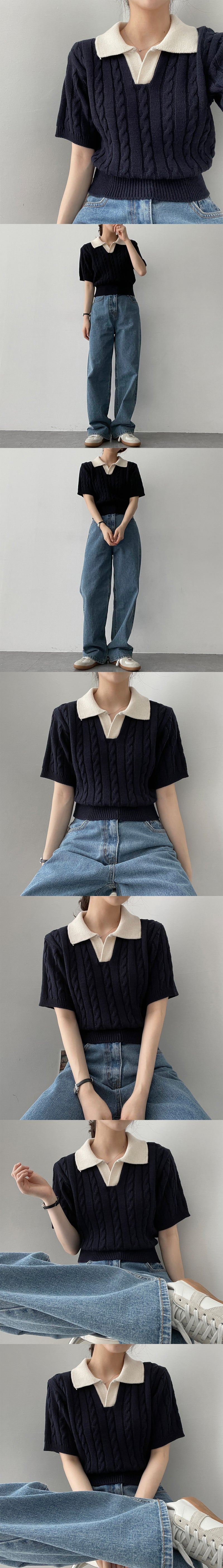 カラーリングカラーツイストクロップドショートスリーブニットウェア / colouring collar twist cropped short-sleeved knitwear