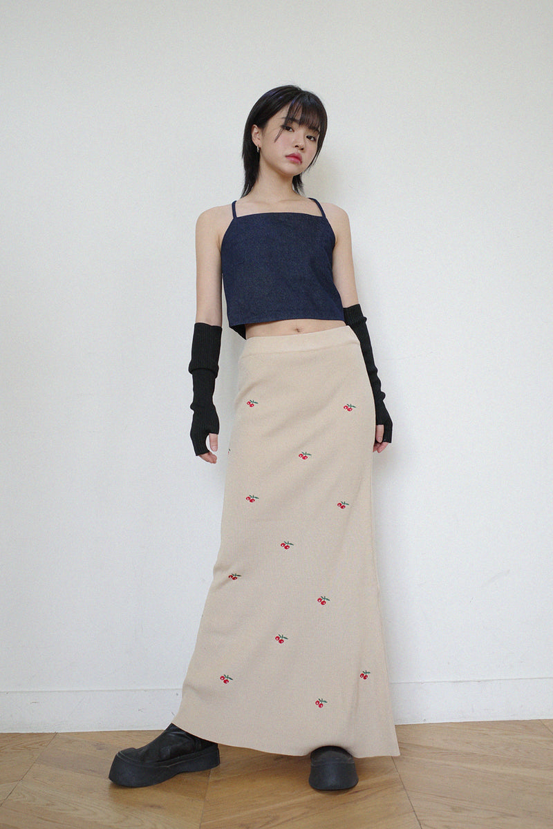 チェリー刺繍入りロングスカート / Cherry Embroidered Long Sk (2 colors)