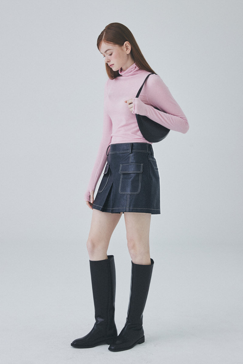 ビーガンレザースティッチミニスカート / Vegan Leather Stitch Mini Skirt [Black]
