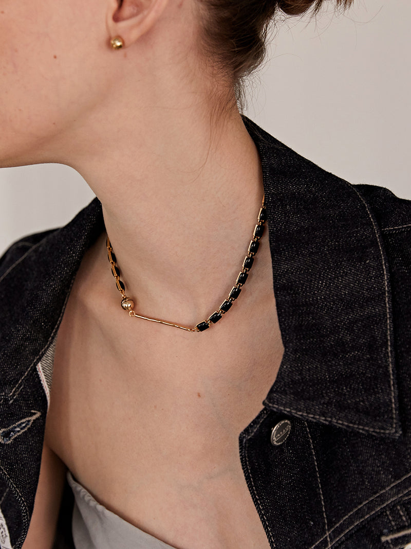 スクエアチェーンネックレス / Black square chain necklace - gold