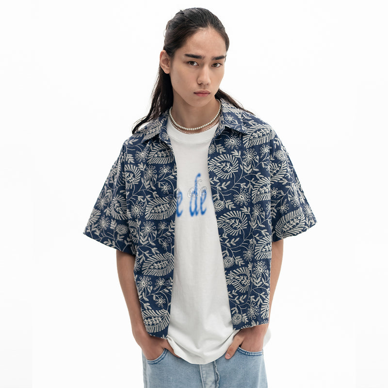 リーフハーフクロップシャツ / Leaf Half Crop Shirt_Navy