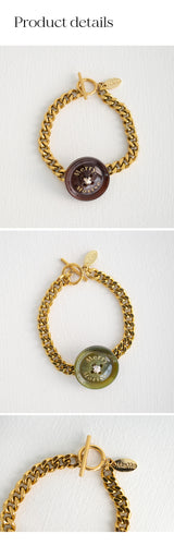 シグネイチャーボタンウィズボールドチェーンブレスレット/Merry,Motive signature button with bold chain bracelet (2colors)