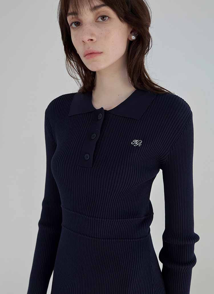 ベーシックカラー スリムフィットVネック 刺繍 ニットワンピース/(OP-6016) Basic Collar Slim Fit V-Neck Embroidered Knit Dress