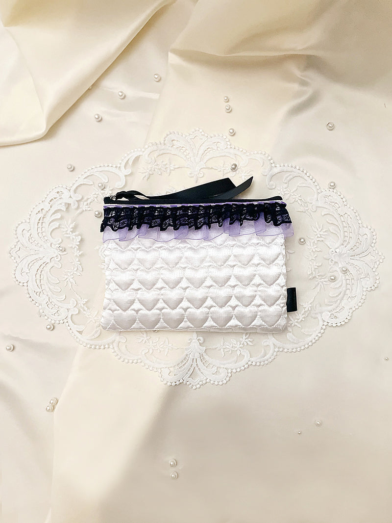 ダブルレースハートサテンジップポーチ (M/6color) / [ORDER] Double Lace Heart Satin Zip-pouch (M/6color)