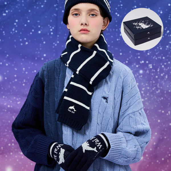 ドルフィンストライプニットマフラー+グローブセット/[Gift Box] Dolphin Stripe Knit Muffler + Gloves SET