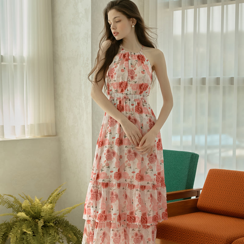 ガーデンフローラルホルターネックシフォンロングドレス / Garden Floral Halter Neck Chiffon Long Dress Pink