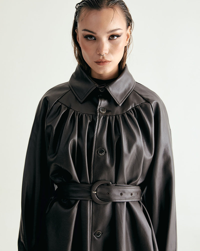 W.BELTED LEATHER SHIRRING COAT - DARK BROWN (6636057952374)