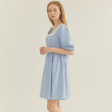 カラーウェイスクエアネックパフドレス / Colourway Square Neck Puff Dress (Blue)