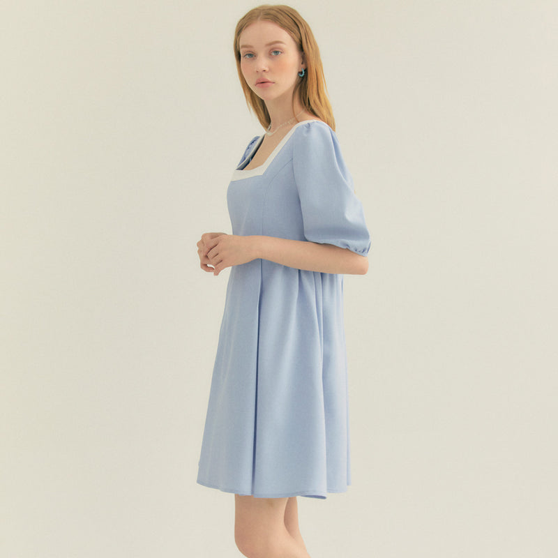 カラーウェイスクエアネックパフドレス / Colourway Square Neck Puff Dress (Blue)