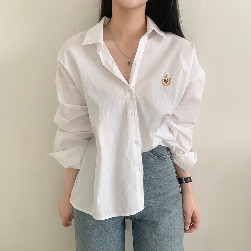 [刺繍] プレッピーオーバーフィットカラーシャツ / [3color/Embroidery] Preppy Overfit Collar Shirt