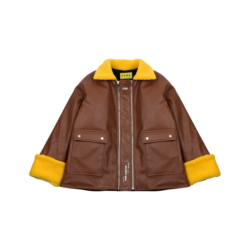 [UNISEX] Faux-Shearling and Leather Coat (Brown) (6656031850614)