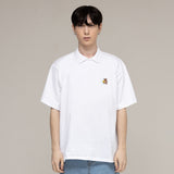 フラワースマイルエンブロイダリーカラーショートスリーブTシャツ / White Flower Smile Embroidery Collar Short-Sleeved T-Shirt