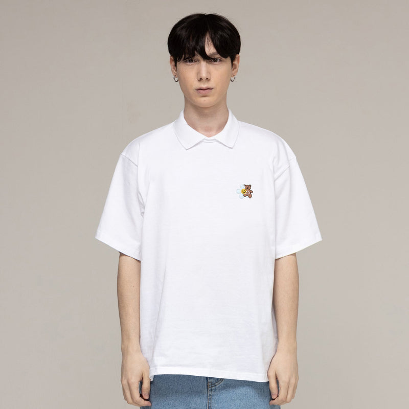 フラワースマイルエンブロイダリーカラーショートスリーブTシャツ / White Flower Smile Embroidery Collar Short-Sleeved T-Shirt