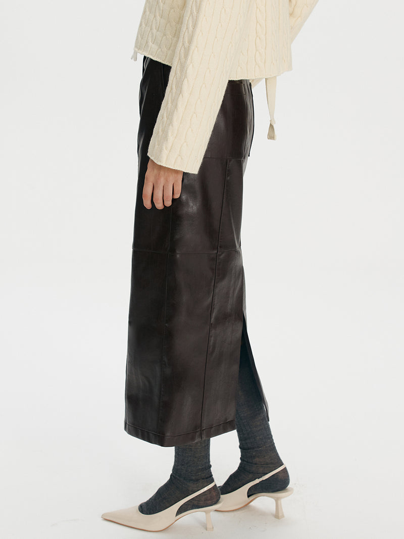 フェイクレザースティッチロングスカート/Fake leather stitch long skirt - Wine