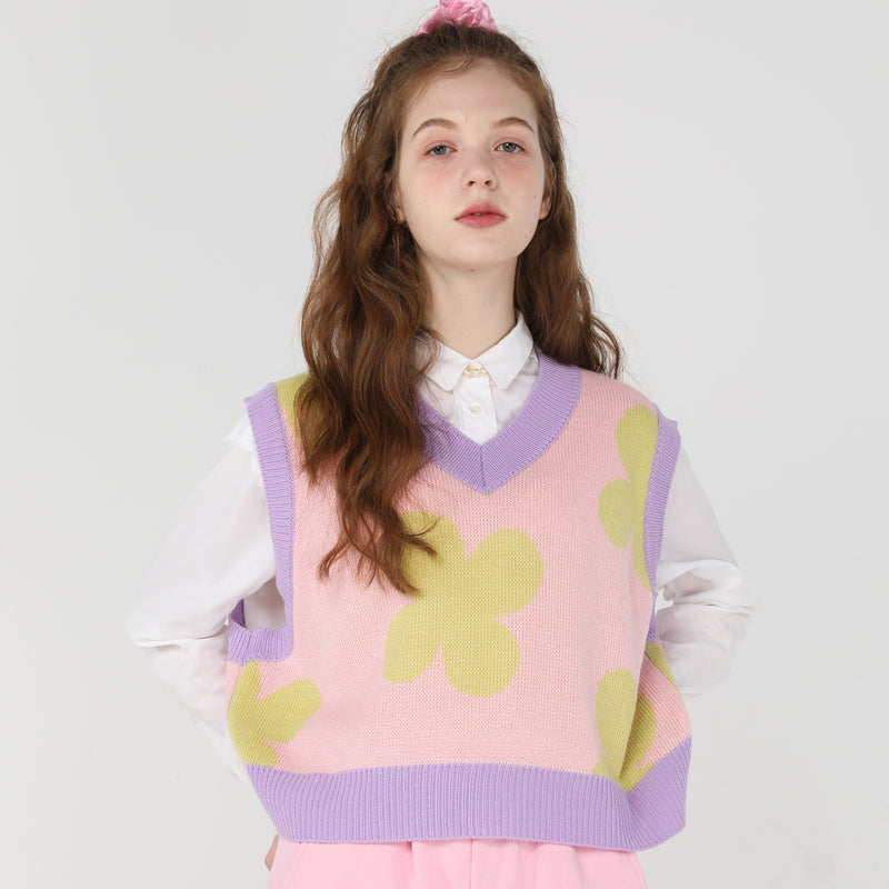Flower pattern crop knit vest [Pink] (6535248773238)