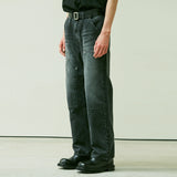 STRAIGHT DOUBLE KNEE WASHED DENIM PANTS BLACK