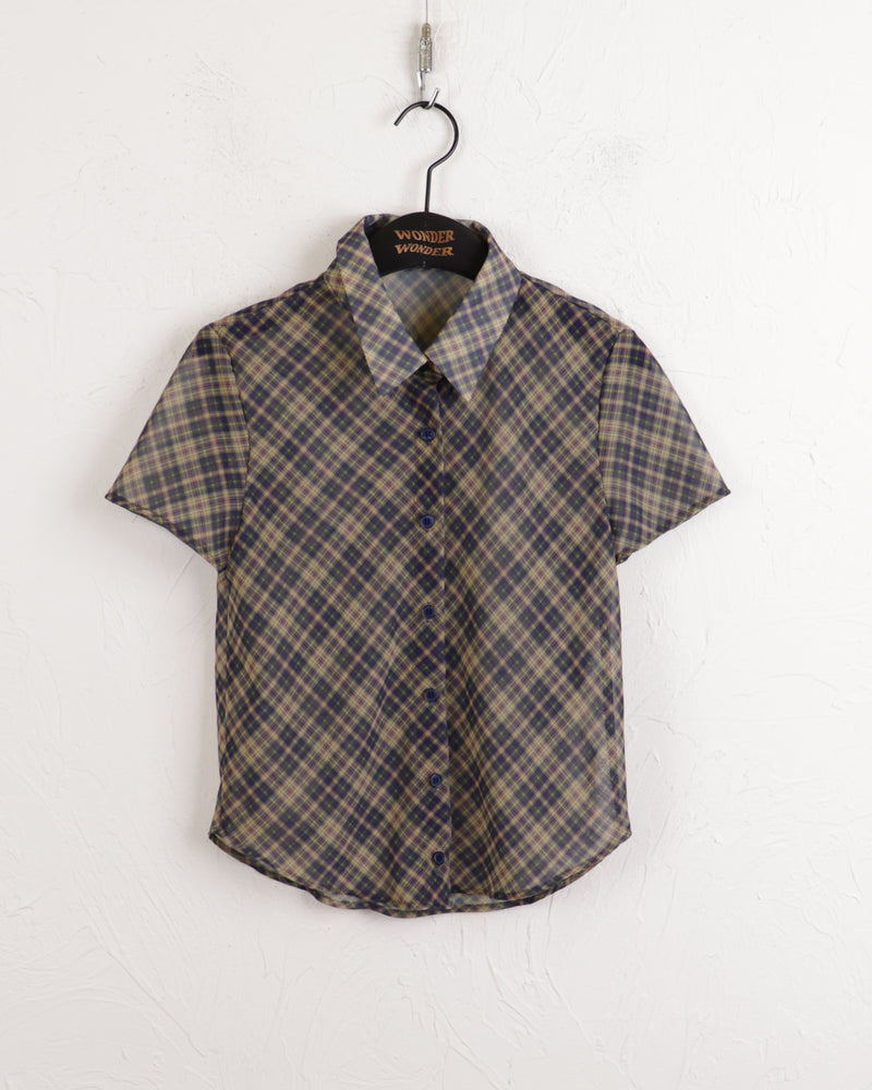 ルーリングヴィンテージチェックシースルークロップ半袖南シャツ/Lu Ling Vintage Check See-through Crop Short Sleeve Southern Shirt